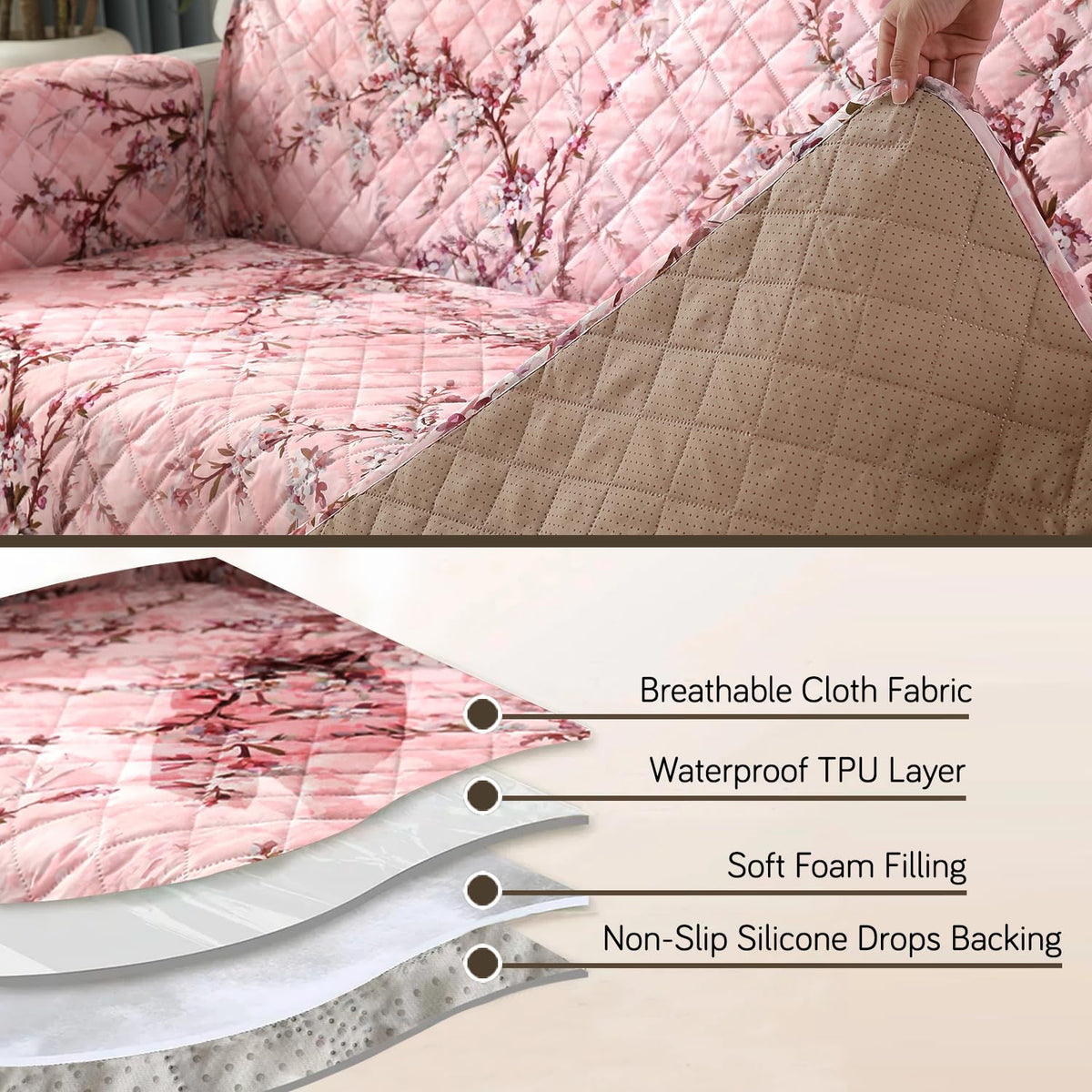 Quilted Waterproof Sofa Cover Mat with Pockets on Armrest Cover - Blossom Flower Pink
