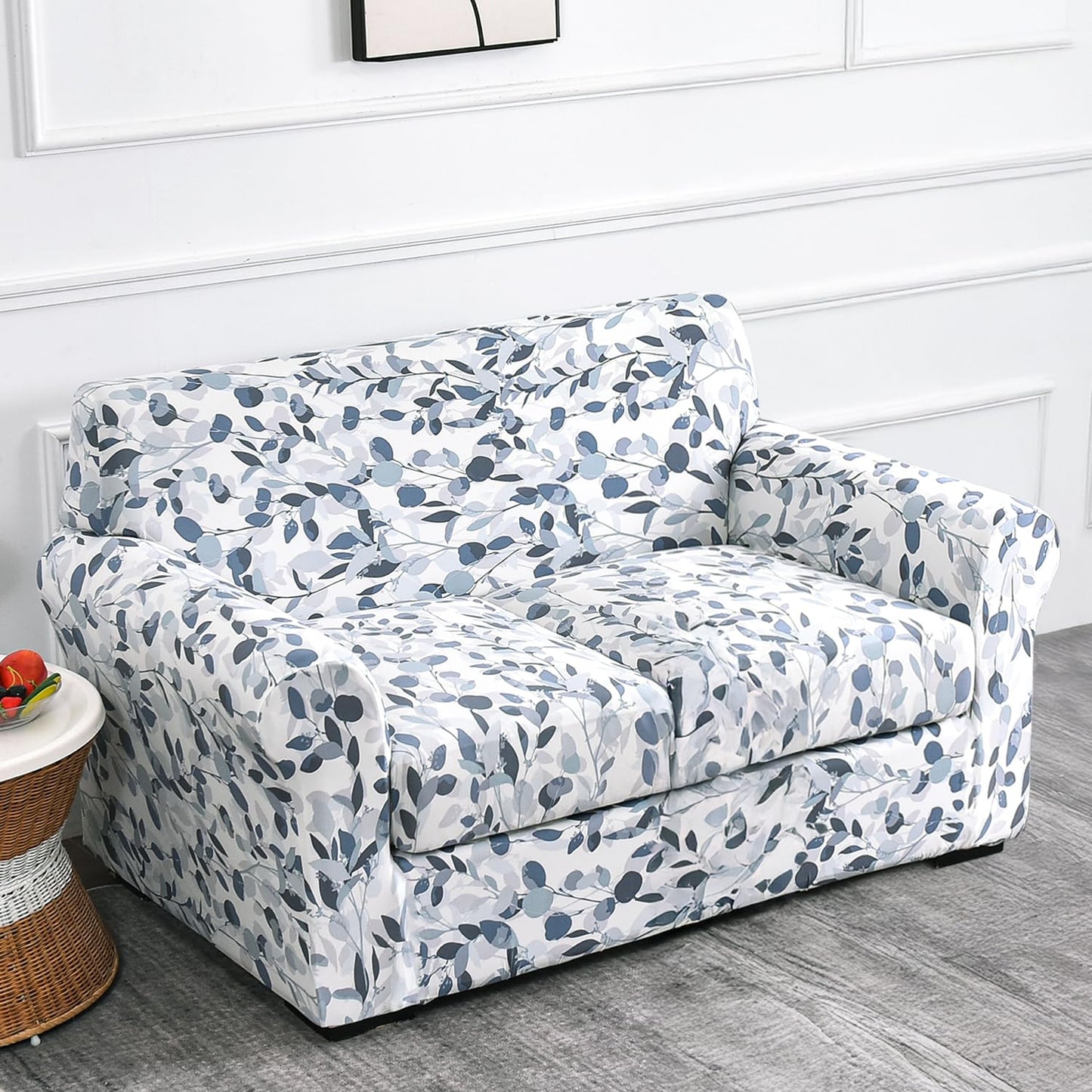 Printed Stretchable Sofa Slipcover with 1/2/3 Pc Separate Seat Cushion Cover for each 1/2/3 Seater,Frost Blue Foilage