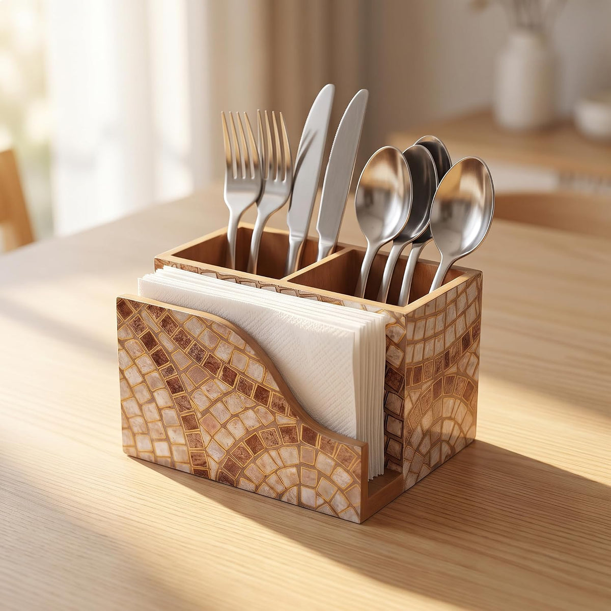 HOKIPO Cutlery Holder with Napkin Stand, Engineered Wood, Moroccan Prism - image 15