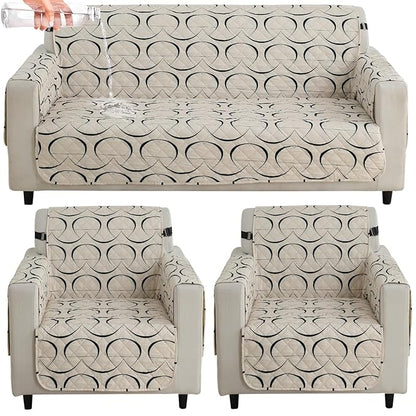 Waterproof & Quick-Dry Quilted Sofa Cover with Pockets on Armrest, Natural Beige Abstract Art