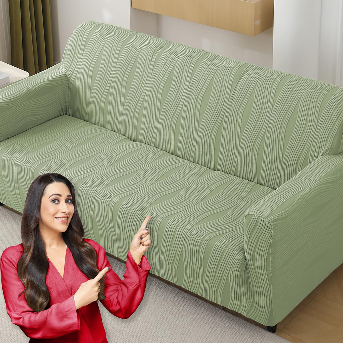 Nestiva Series 200gsm Knitting Jacquard Sofa Cover 1/2/3/4 Seater Fully Covered, Pastel Green