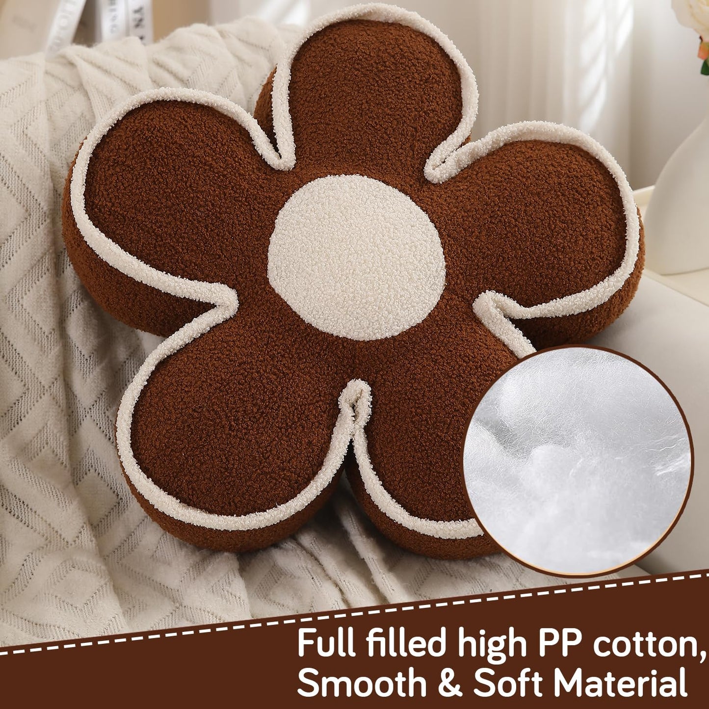HOKIPO Plush Cotton Flower Cushion | Decorative Throw Pillow for Bed & Sofa - Chocolate Brown