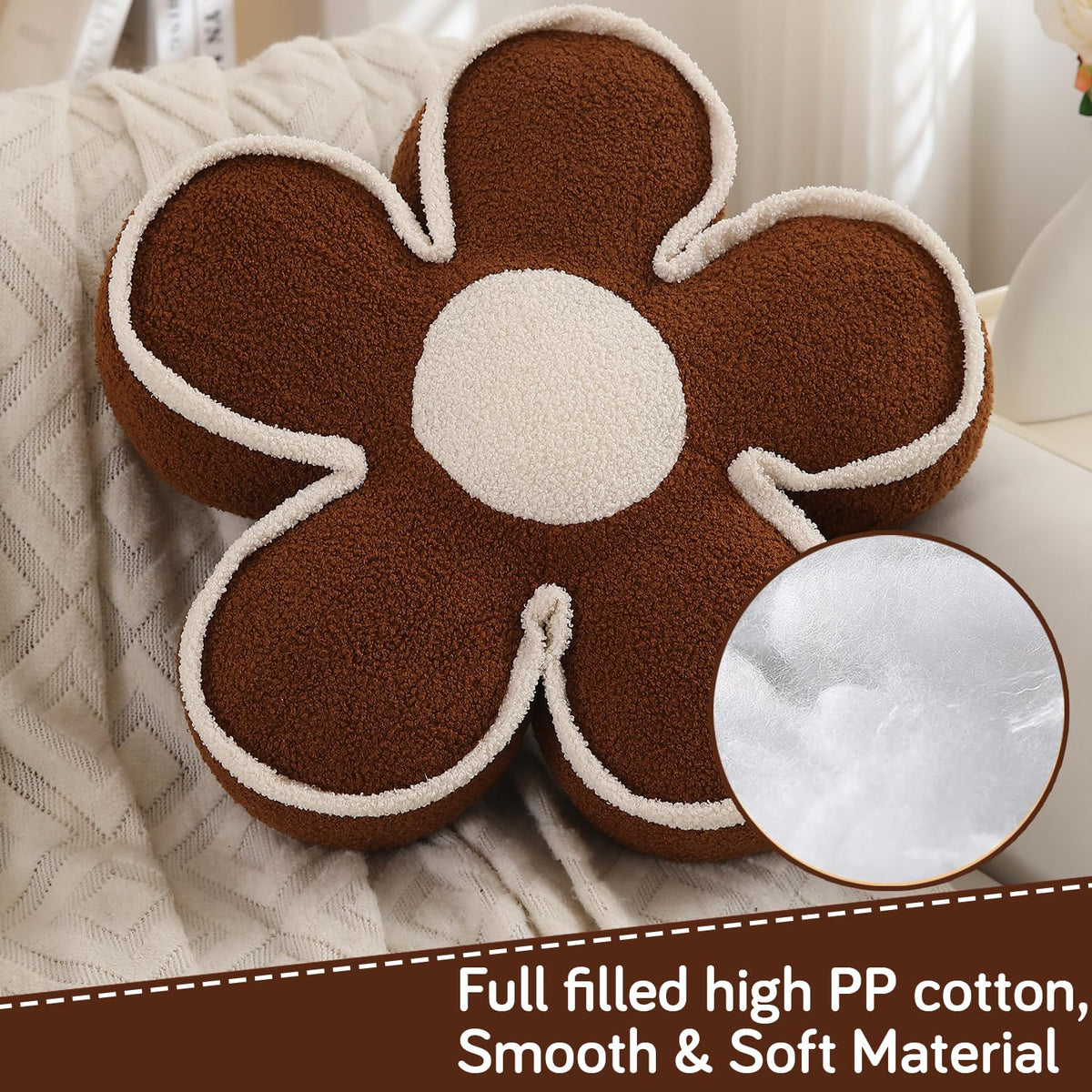 HOKIPO Plush Cotton Flower Cushion | Decorative Throw Pillow for Bed & Sofa - Chocolate Brown