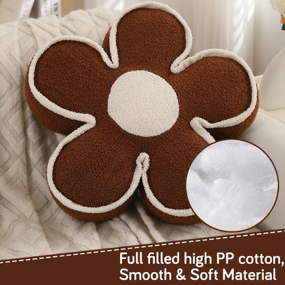 HOKIPO Plush Cotton Flower Cushion | Decorative Throw Pillow for Bed & Sofa - Chocolate Brown