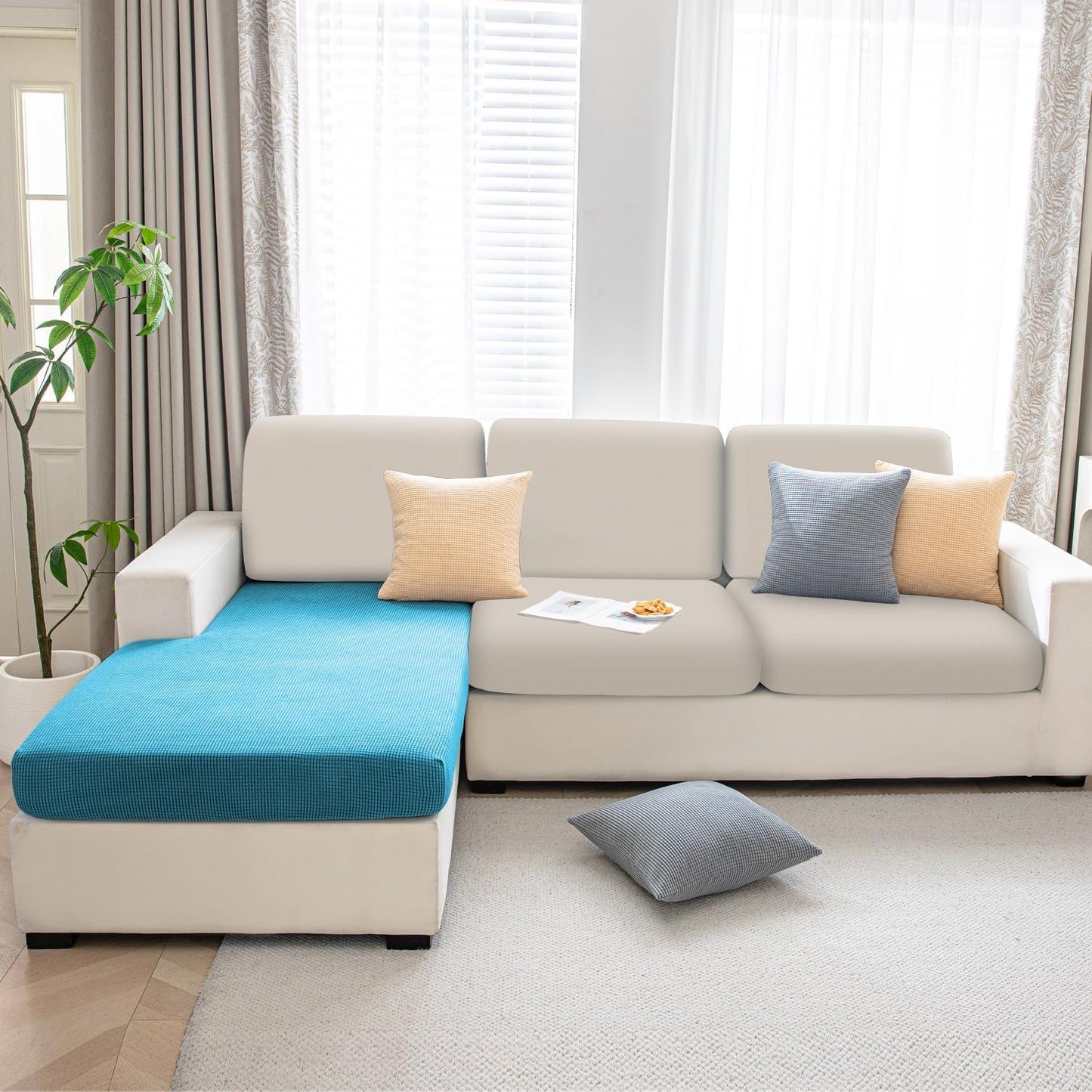 Stretchable Thick Jacquard Textured Seat Cushion Cover for 1/2/3 Seaters / Pieces for Sofa, Teal