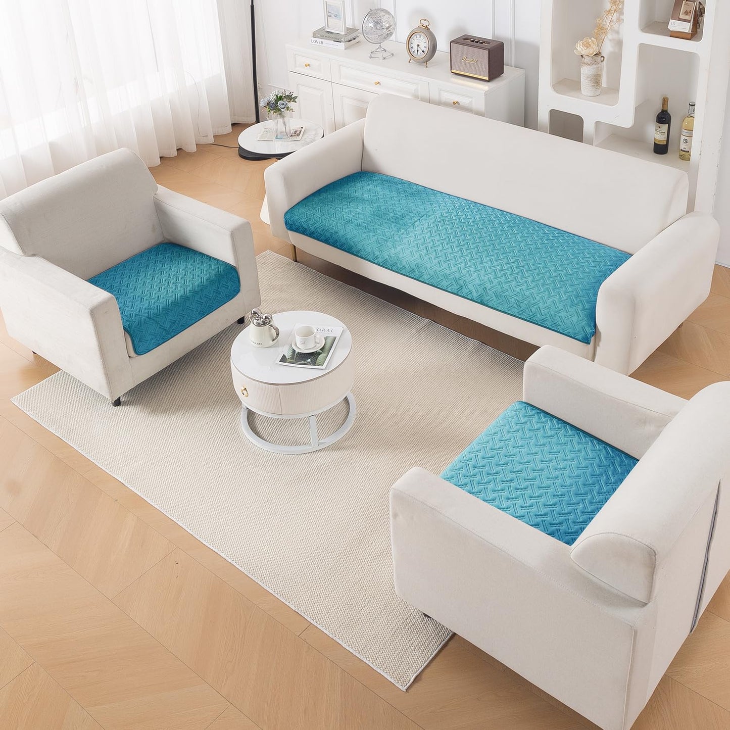Premium Velvety Quilted Softline 5-Seater Sofa Cover (3+1+1), Teal Blue