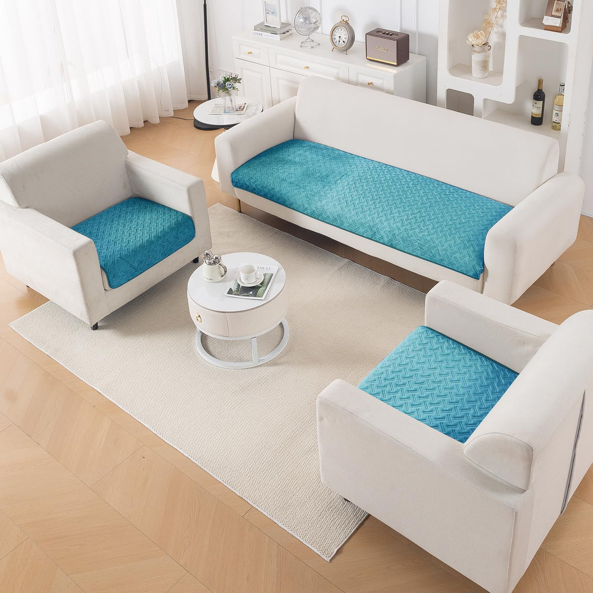 Premium Velvety Quilted Softline 5-Seater Sofa Cover (3+1+1), Teal Blue