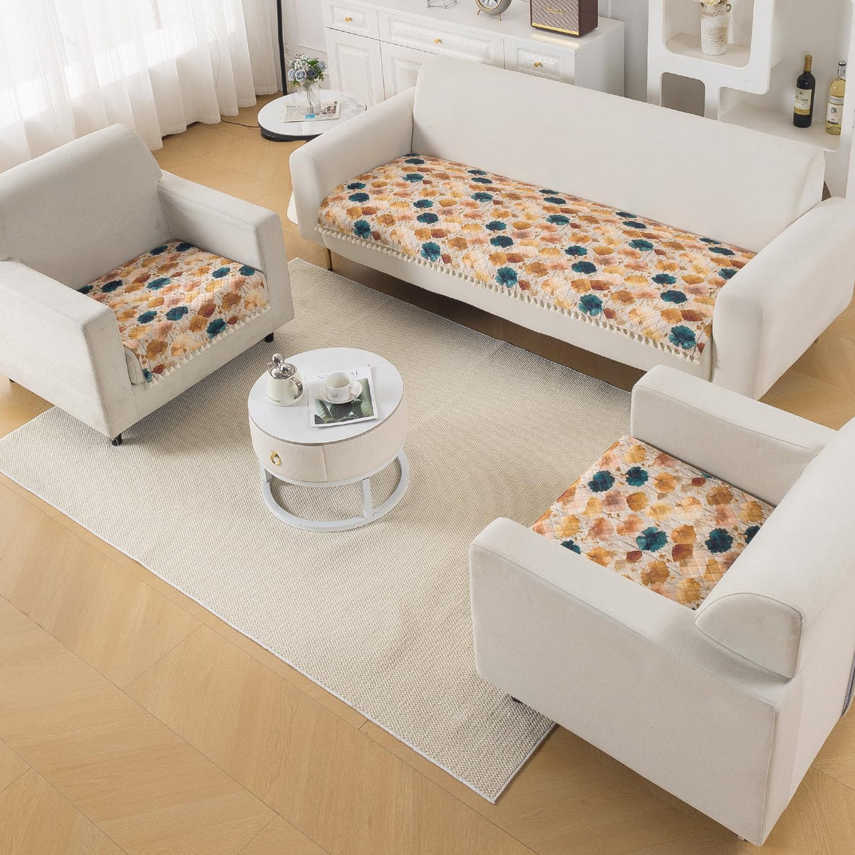 Quilted Sofa Seat Mat for 5-Seater Sofa (3+1+1), Tassel Twigs | Boho Wildflower