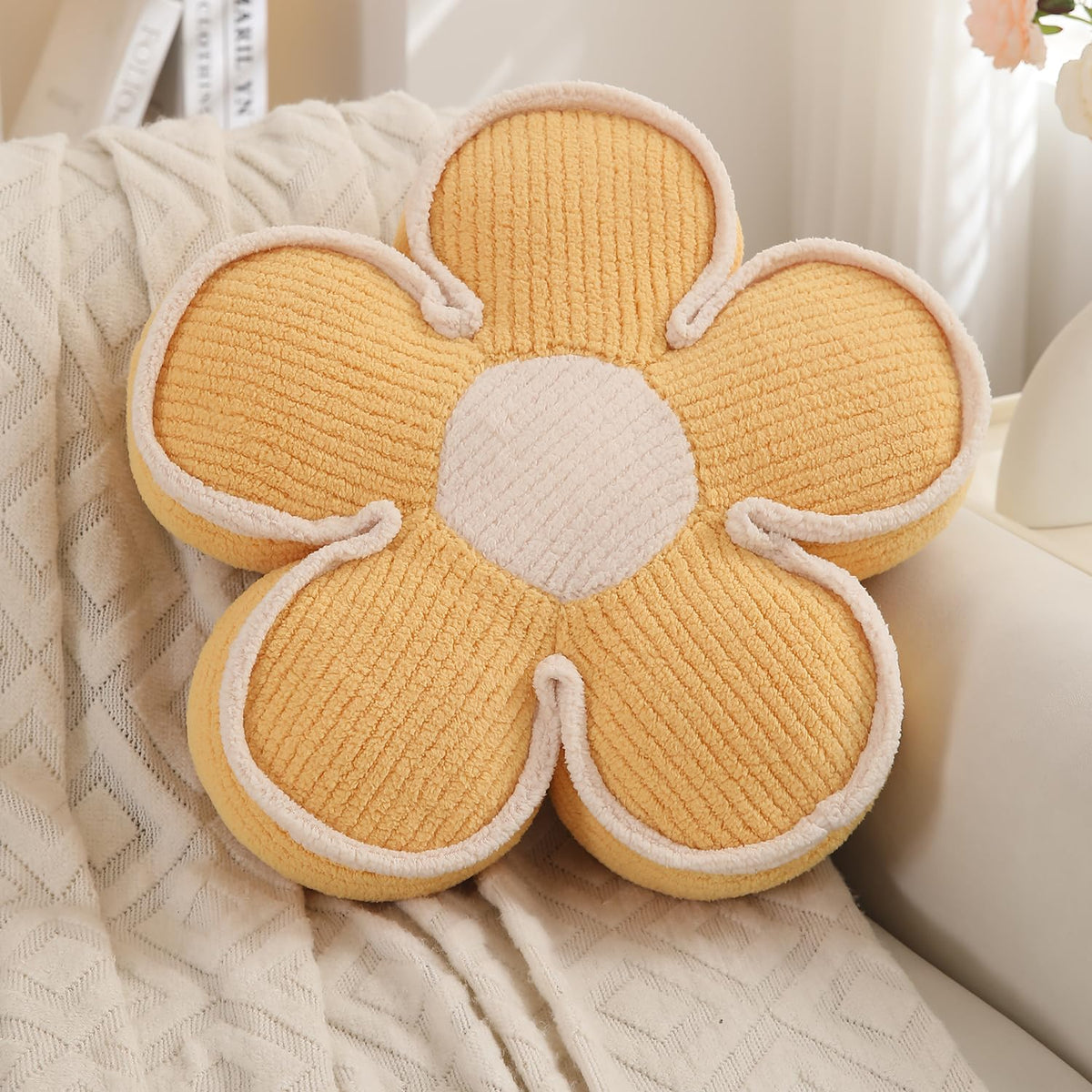 HOKIPO Plush Cotton Flower Cushion | Decorative Throw Pillow for Bed & Sofa - Daffodil Yellow