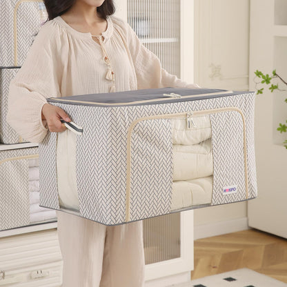 Wardrobe Organizer Storage Box | Foldable Cloth Storage Boxes with Metal Frame & Window | 600D Oxford Fabric, Cream Mist