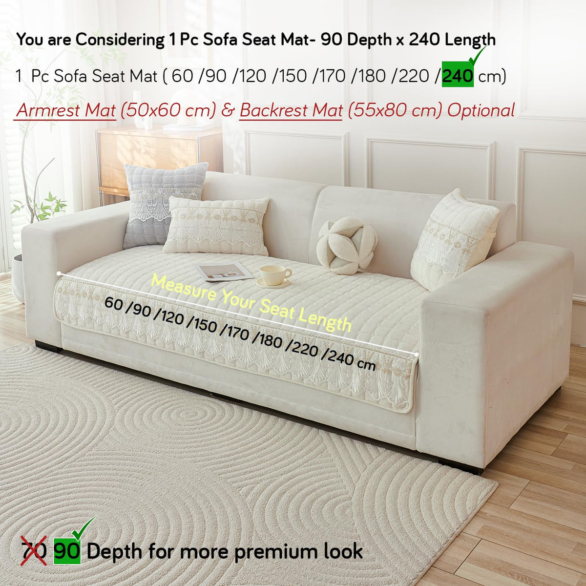 BelleLace Series Premium Imperial Milk Velvet Sofa Cover Mat with Lace Design -  Pearl White