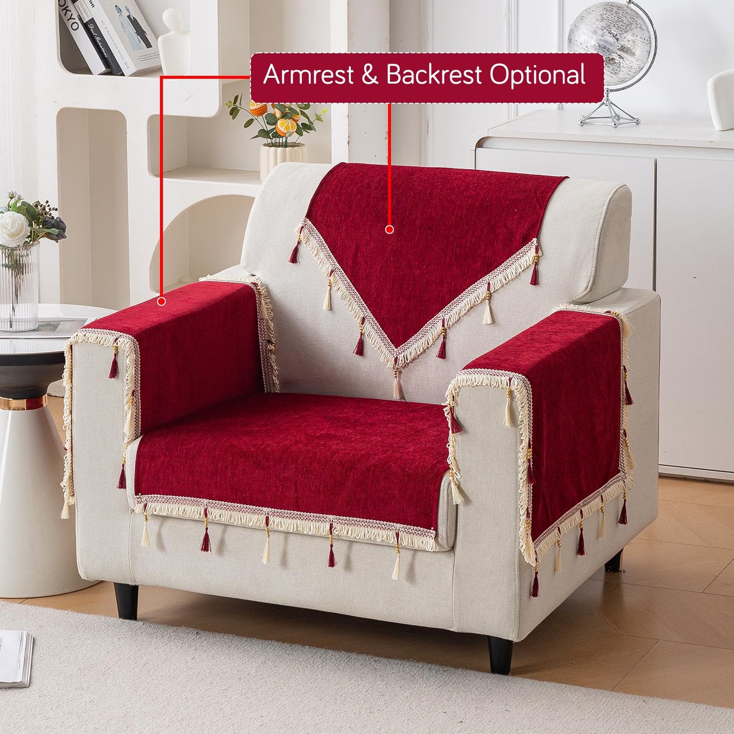 Serenity Tassel Chenille Sofa Cover with Tassel – Crimson Ruby