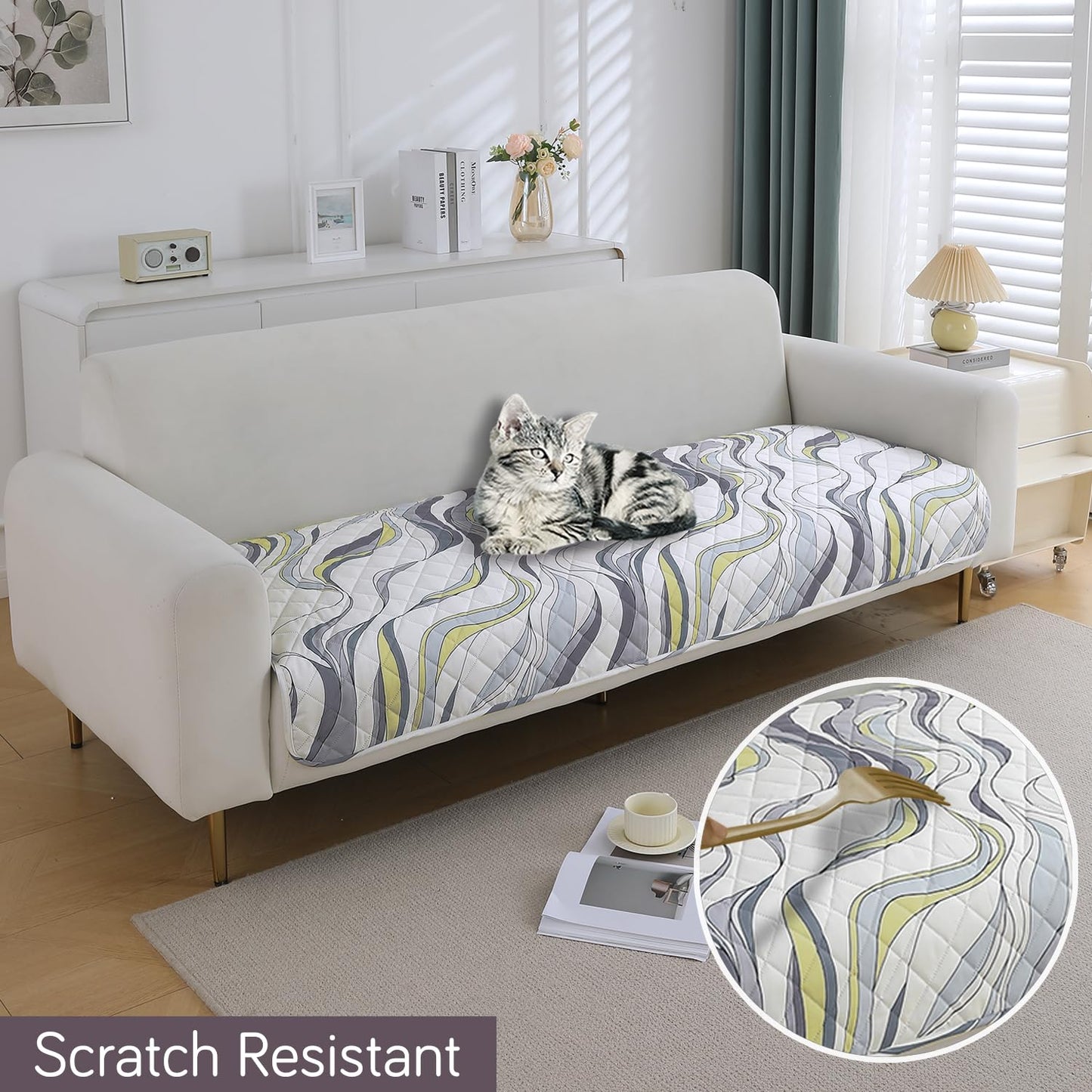 Quilted 1/2/3 Seater Waterproof and Anti-Slip Sofa Cover Mat, Curved Lines Pearl White