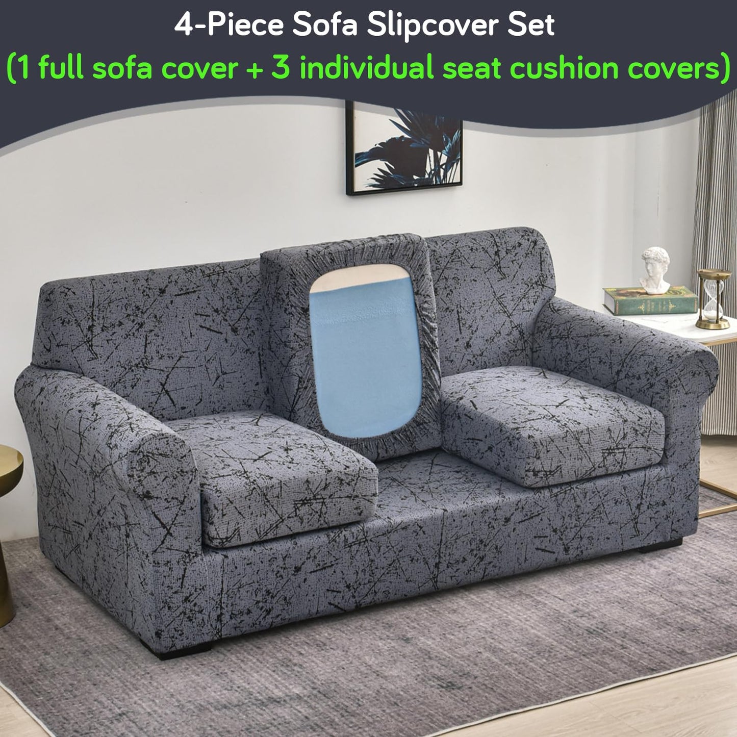 Printed Stretchable Sofa Slipcover with 1/2/3 Pc Separate Seat Cushion Cover for each 1/2/3 Seater, Intense Grey Splatter