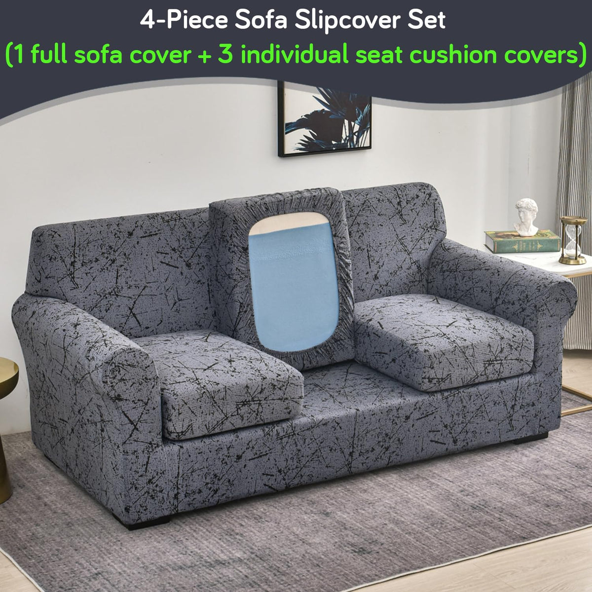 Printed Stretchable Sofa Slipcover with 1/2/3 Pc Separate Seat Cushion Cover for each 1/2/3 Seater, Intense Grey Splatter
