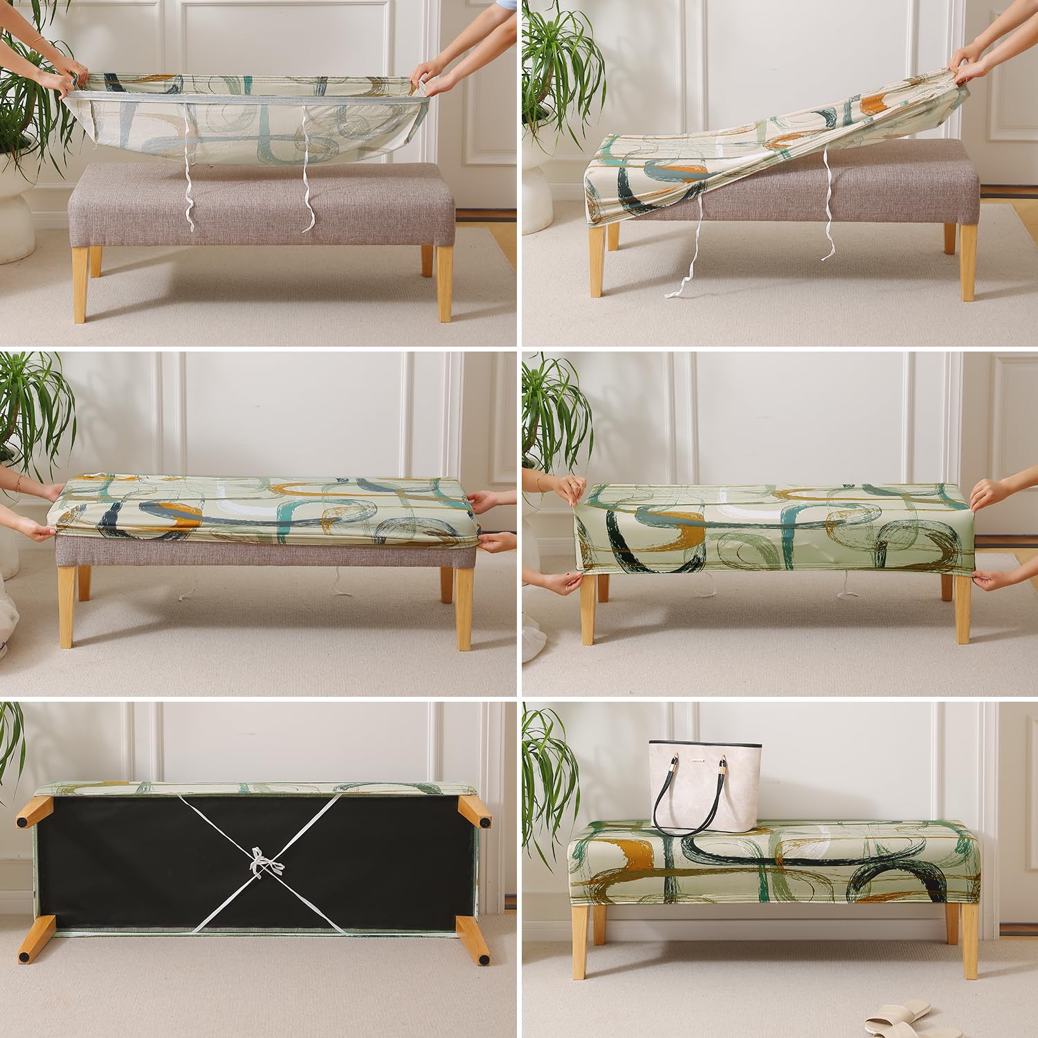 Elastic Printed Dining Bench Stretchable Slipcover, Parchement Beige Abstract Art