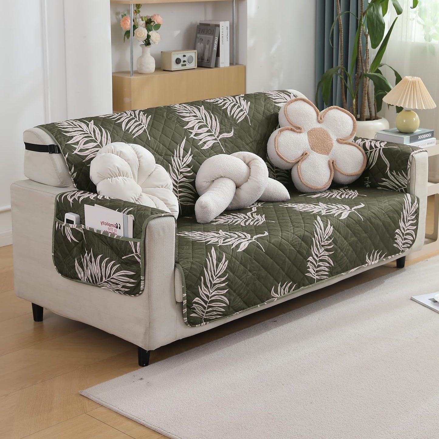 Quilted Waterproof Sofa Cover Mat with Pockets on Armrest Cover - Palm Leaves Olive