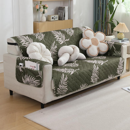 Quilted Waterproof Sofa Cover Mat with Pockets on Armrest Cover - Palm Leaves Olive