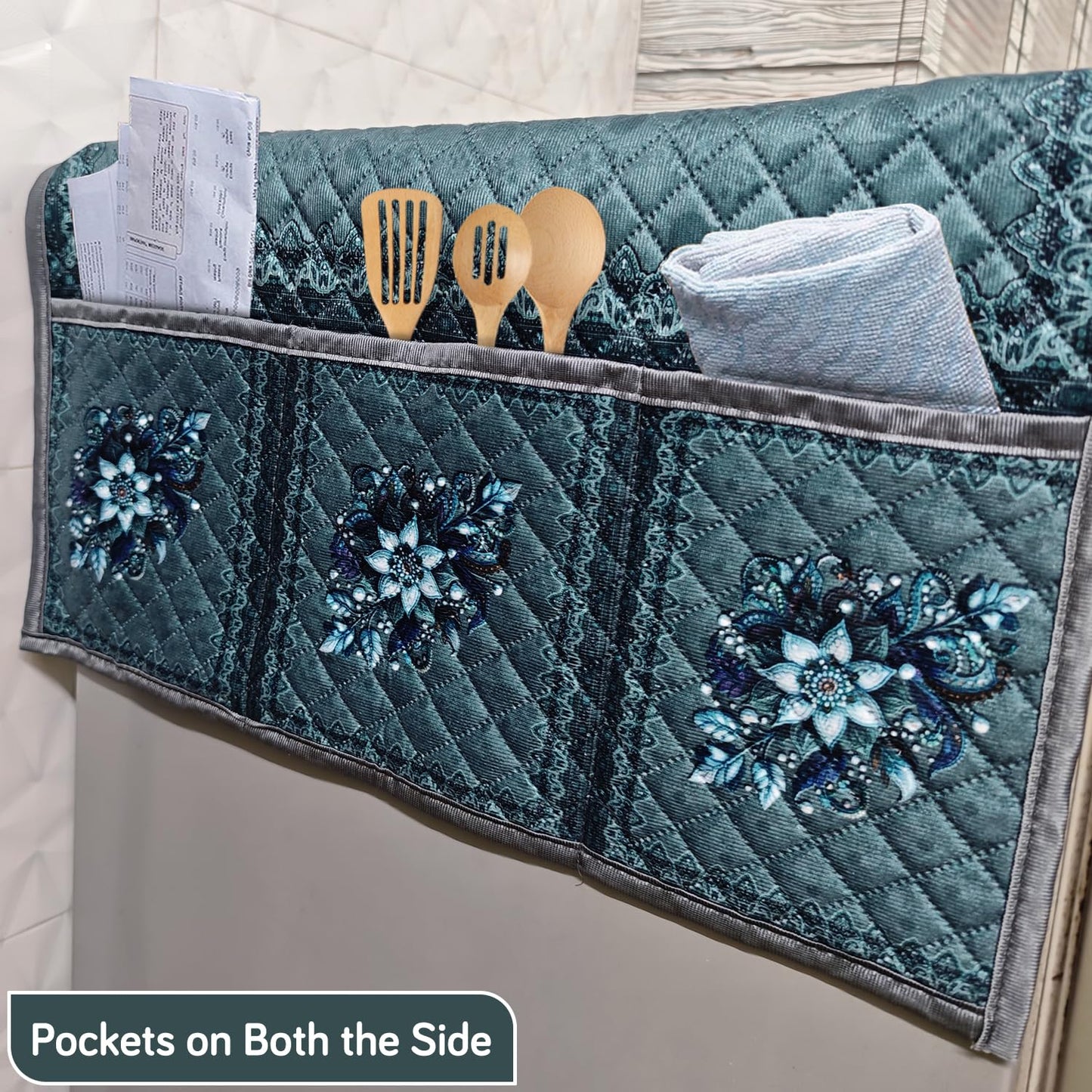 Eternal Floral Printed Quilted Fridge Top Cover with side Pockets - Icy Floral