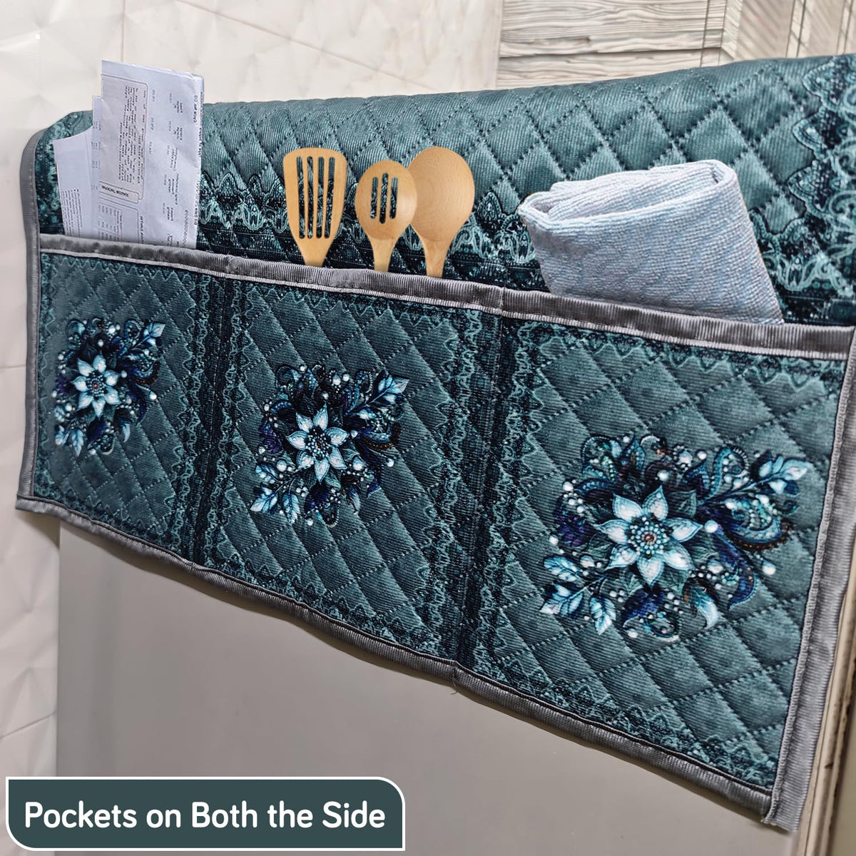 Eternal Floral Printed Quilted Fridge Top Cover with side Pockets - Icy Floral