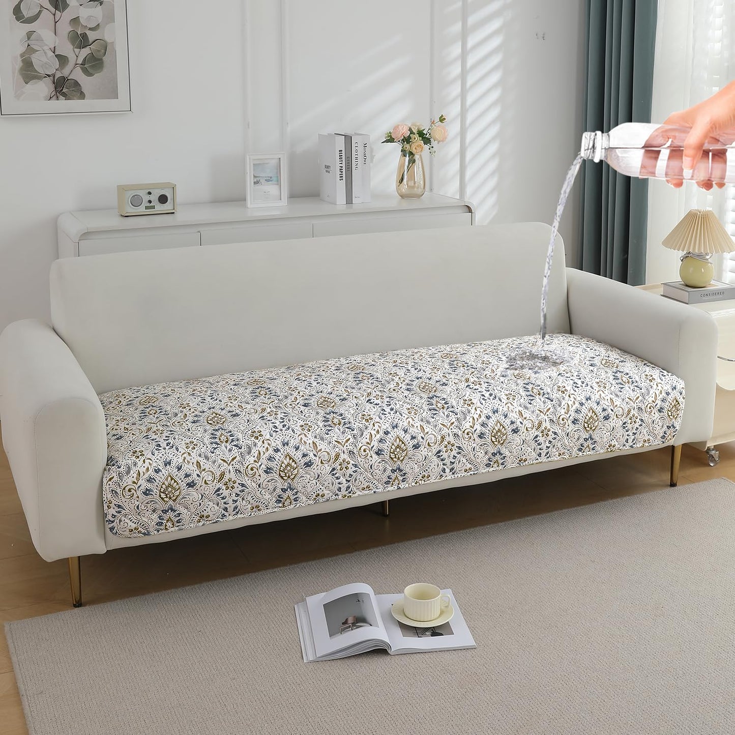 Quilted Waterproof and Anti-Slip Sofa Cover Mat, Damask White
