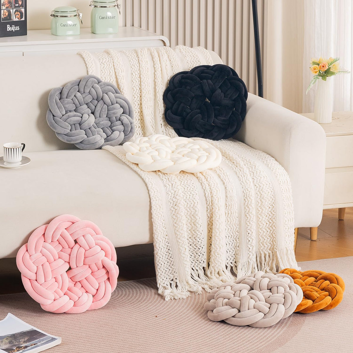 HOKIPO Round Braided Knot Cushion for Bed, Couch & Chair, 36 cm, Grey