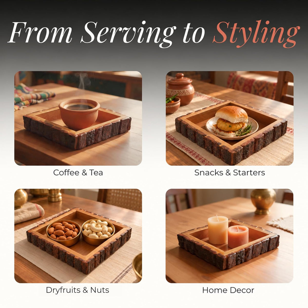 HOKIPO Arbor Mango Wood Serving Tray with Bark Edge, Square 20 x 20 cm - image 7