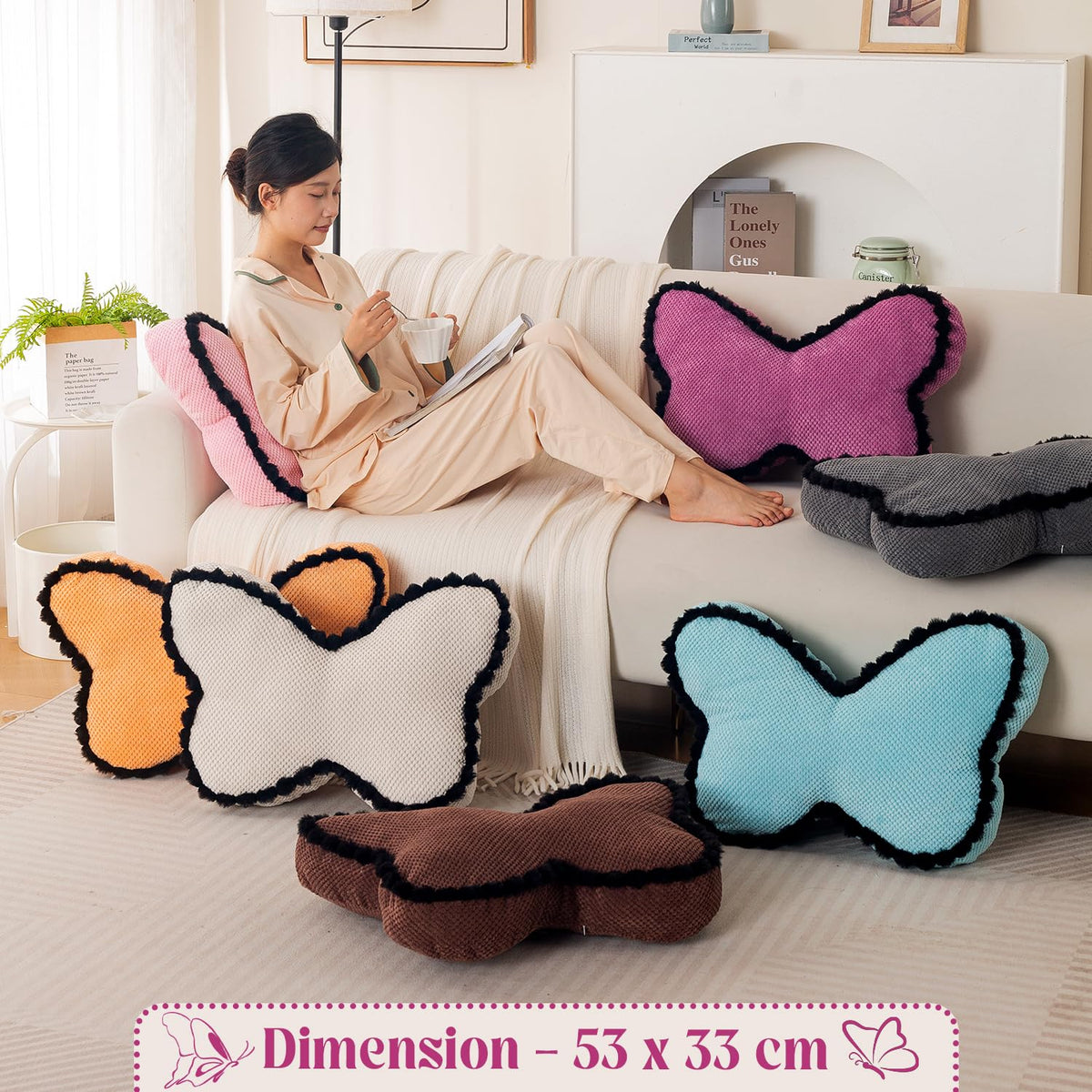 HOKIPO Butterfly Shaped Cushion for Kids Room & Sofa, 53x33 cm, Dark Pink
