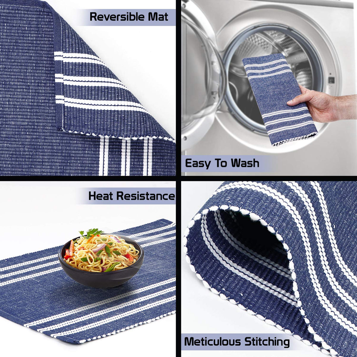 Ribbed Cotton Heat Resistant Dining Table Mat, Blue