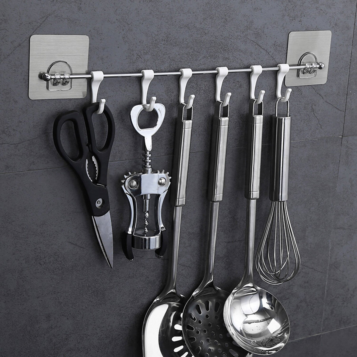 Magic Sticker Series Self Adhesive Chrome Plated Metal Hook Rail Bar for Kitchen and Bathroom, Silver