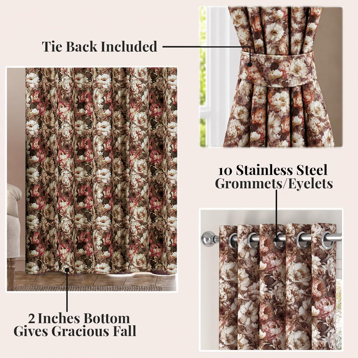 HOKIPO Shade Garden Curtains, 7 Feet Long - Vintage Bloom Cocoa Brown - image 3