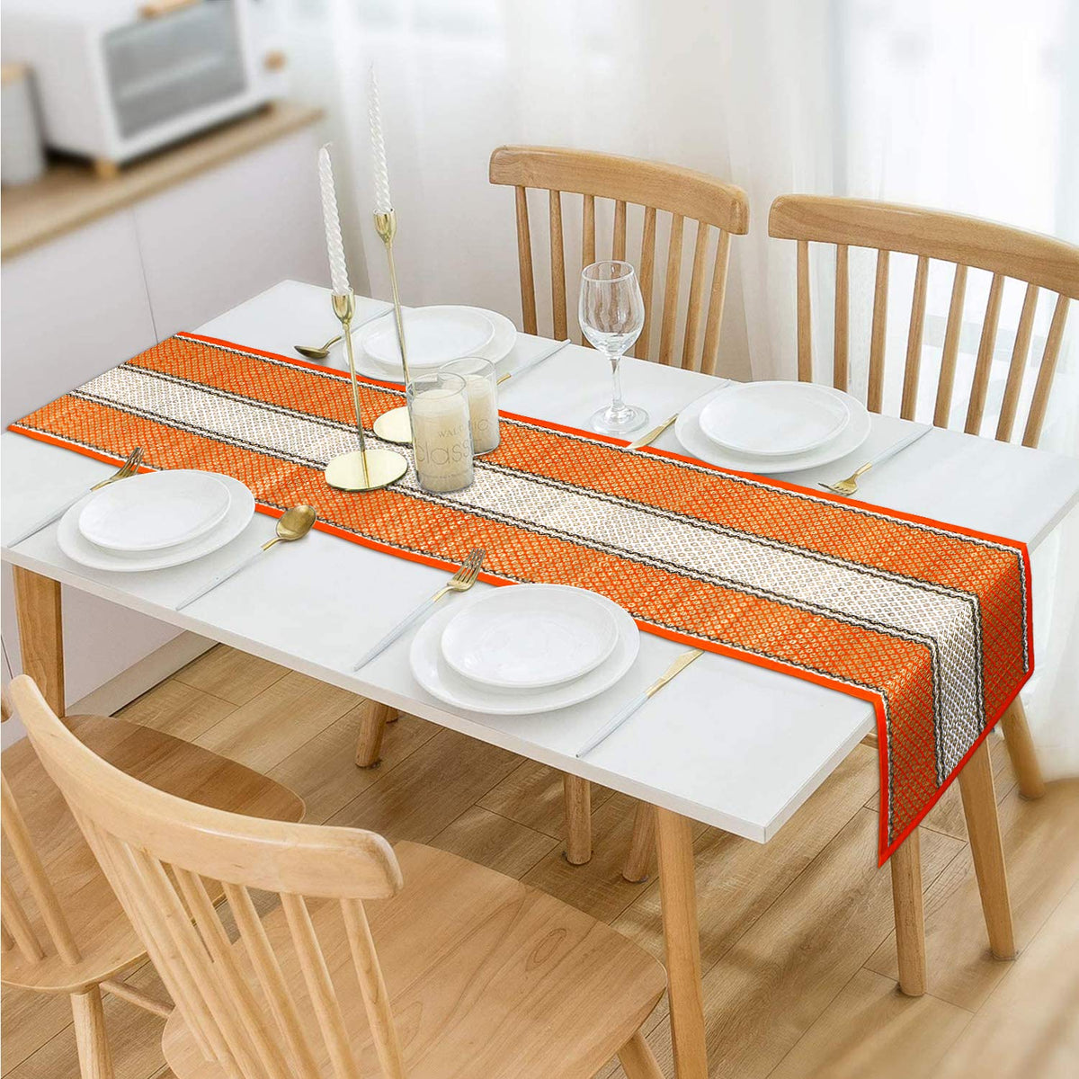 Buy Orange Colour natural handmade Madurkathi table runner for 4 & 6 seater tables | HOKIPO