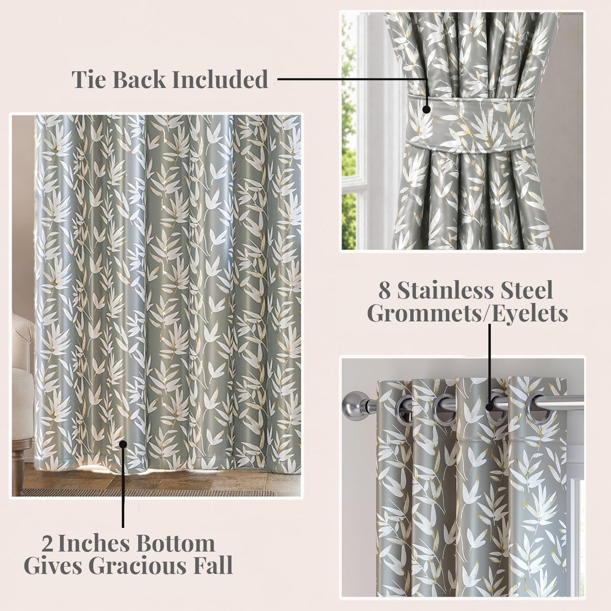 HOKIPO Luxe Foliage Foil Printed Curtains, 7 Feet Long - Slate Grey - image 4