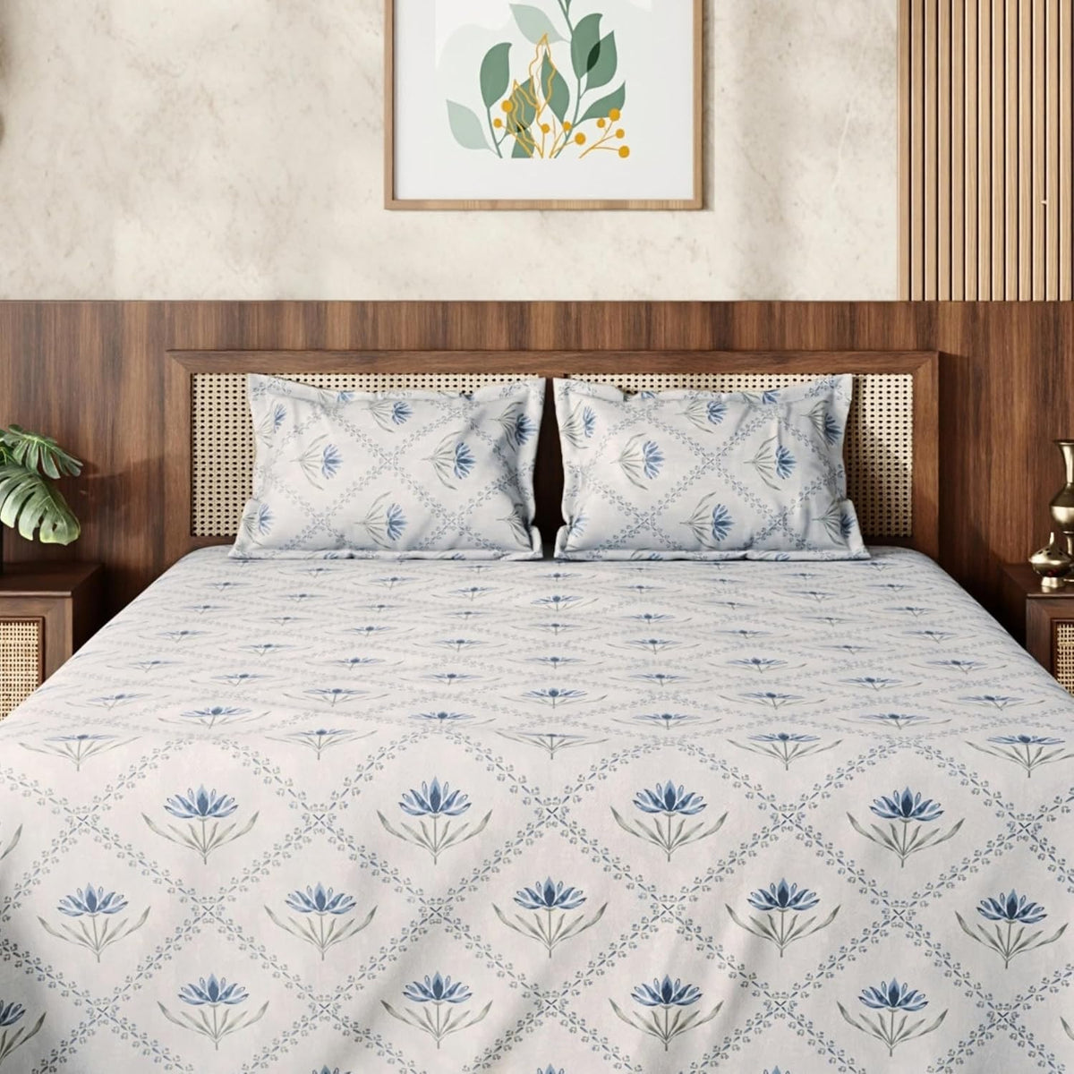 HOKIPO King Size Cotton Bedsheet, 2 Pillow Covers, Lotus, Slate Blue - image 9