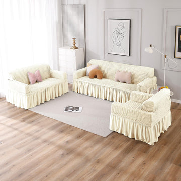 Cream Elastic stretchable Turkish bubble frill sofa cover set for 1, 2, 3, 4, 5, 6, & 7 Seater sofa