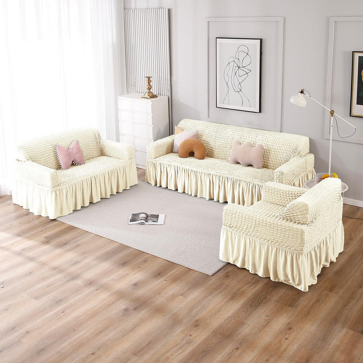 Cream Elastic stretchable Turkish bubble frill sofa cover set for 1, 2, 3, 4, 5, 6, & 7 Seater sofa