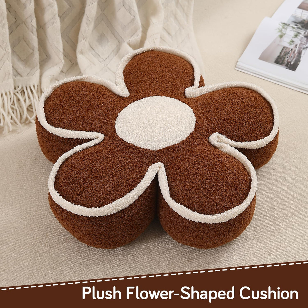 HOKIPO Plush Cotton Flower Cushion | Decorative Throw Pillow for Bed & Sofa - Chocolate Brown