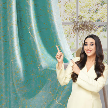 HOKIPO Shimmer Foil Printed Curtains, 7 Feet Long - Aqua