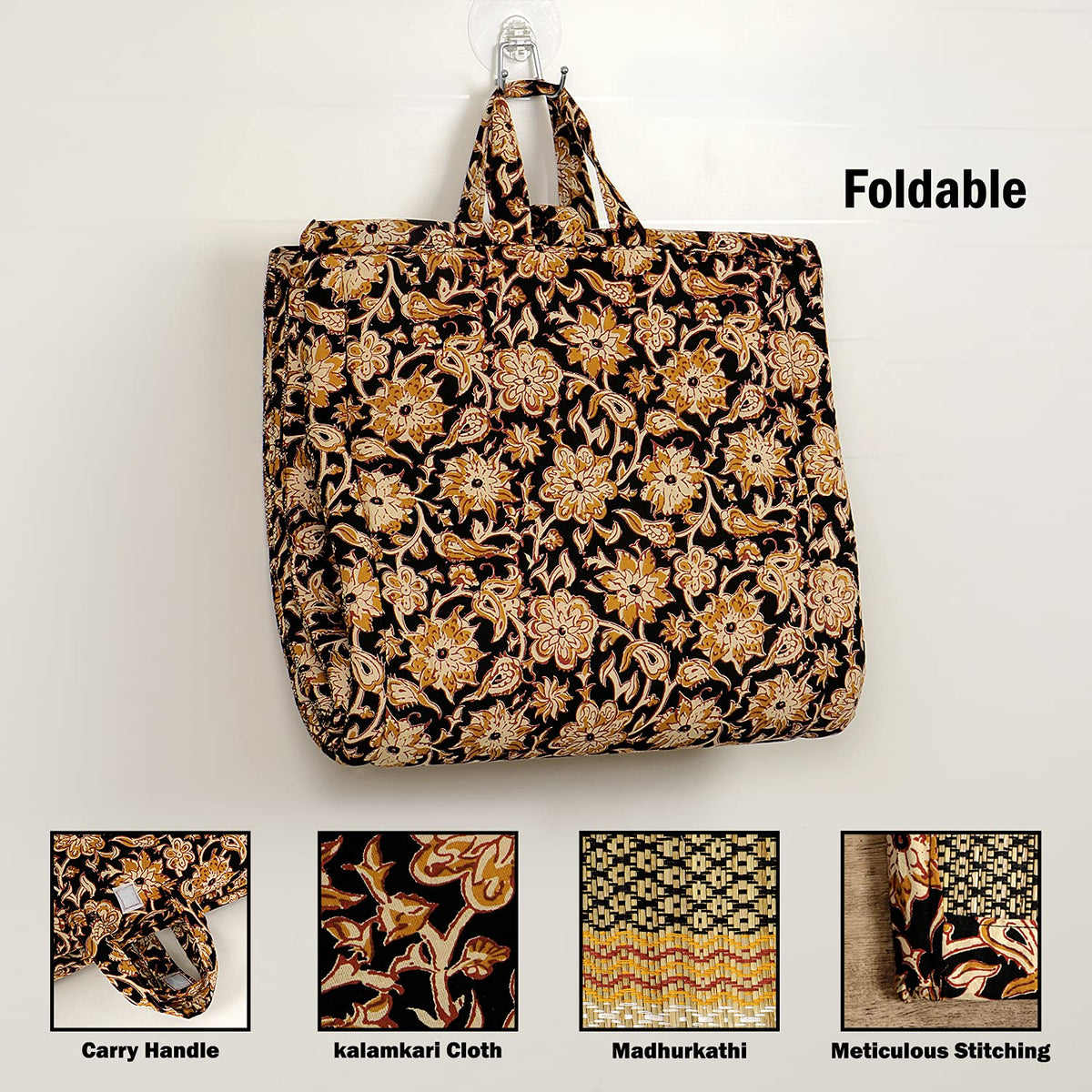 Foldable Madurkathi floor mat with Black Kalamkari design, 6x3 feet, eco-friendly