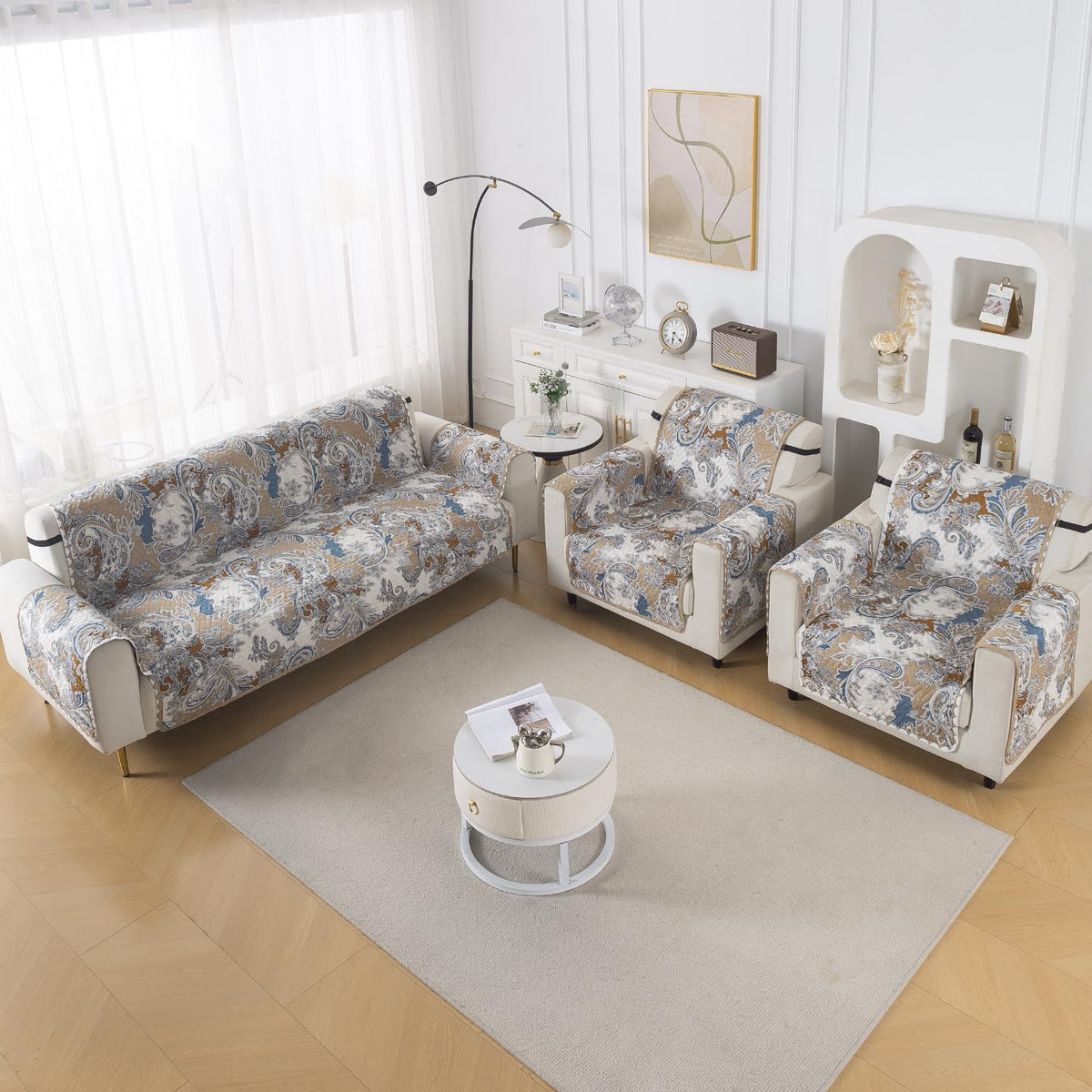 Easy Drape Reversible Quilted 5-Seater Sofa Cover (3+1+1), Urban Floral