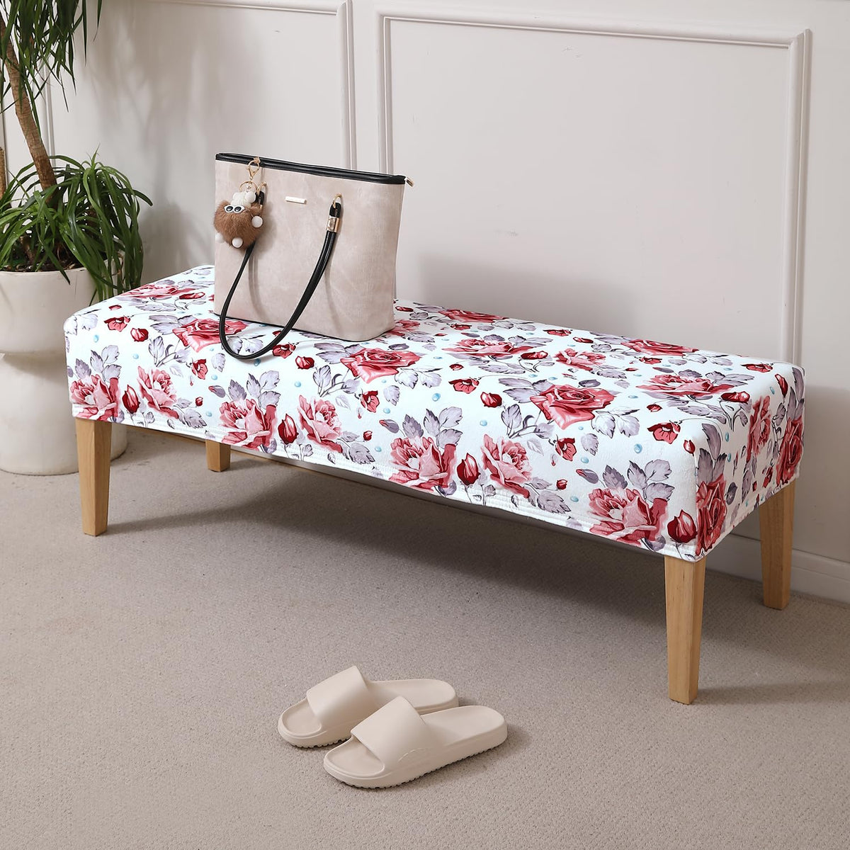 Premium Printed Velvet Stretchable Dining Bench Slipcover, Red Cottage Rose