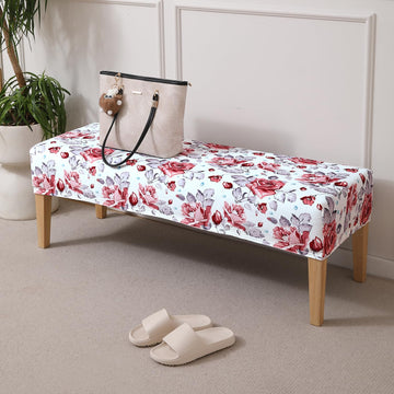 Premium Printed Velvet Stretchable Dining Bench Slipcover, Red Cottage Rose
