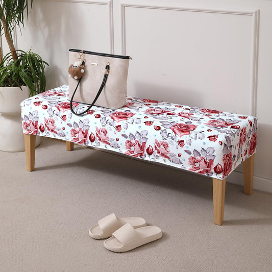 Premium Printed Velvet Stretchable Dining Bench Slipcover, Red Cottage Rose