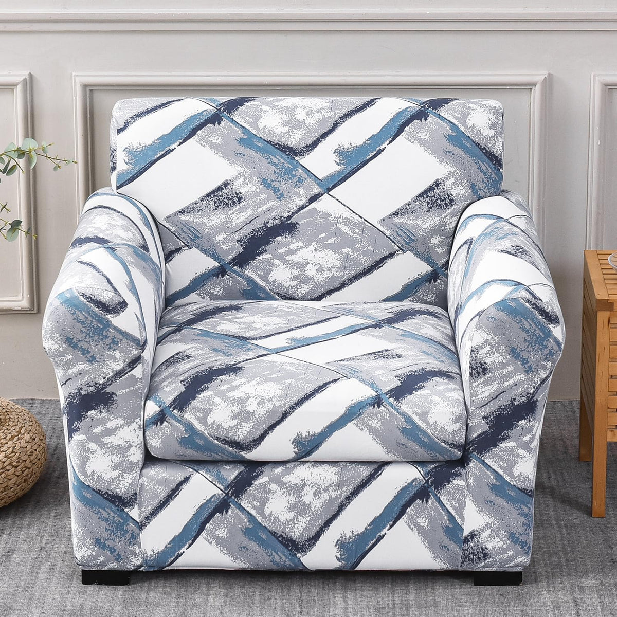 Printed Stretchable Sofa Slipcover with 1/2/3 Pc Separate Seat Cushion Cover for each 1/2/3 Seater, Graphite Glacier Grid