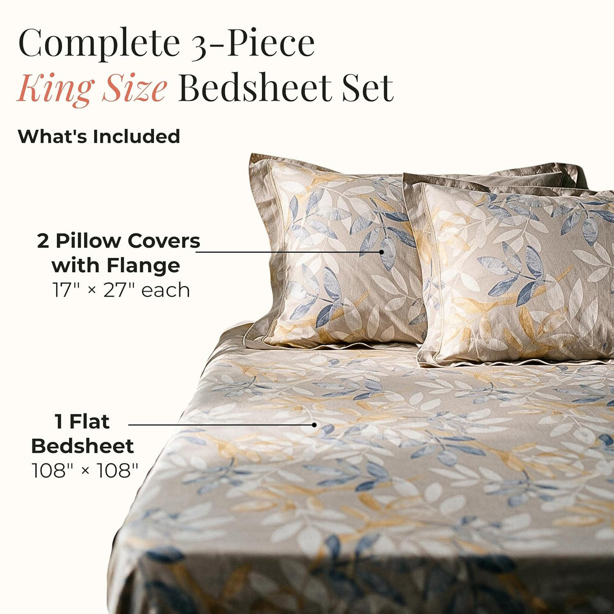 HOKIPO Botanical 210 TC Cotton Sateen Flat Bedsheet, King, Cream & Blue - image 5