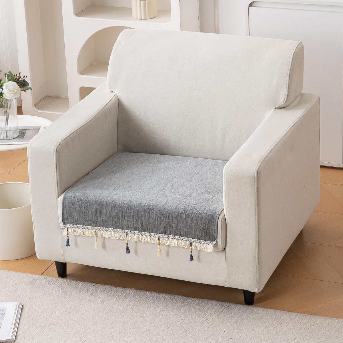 Serenity Tassel Chenille Sofa Cover with Tassel – Glacier Silver