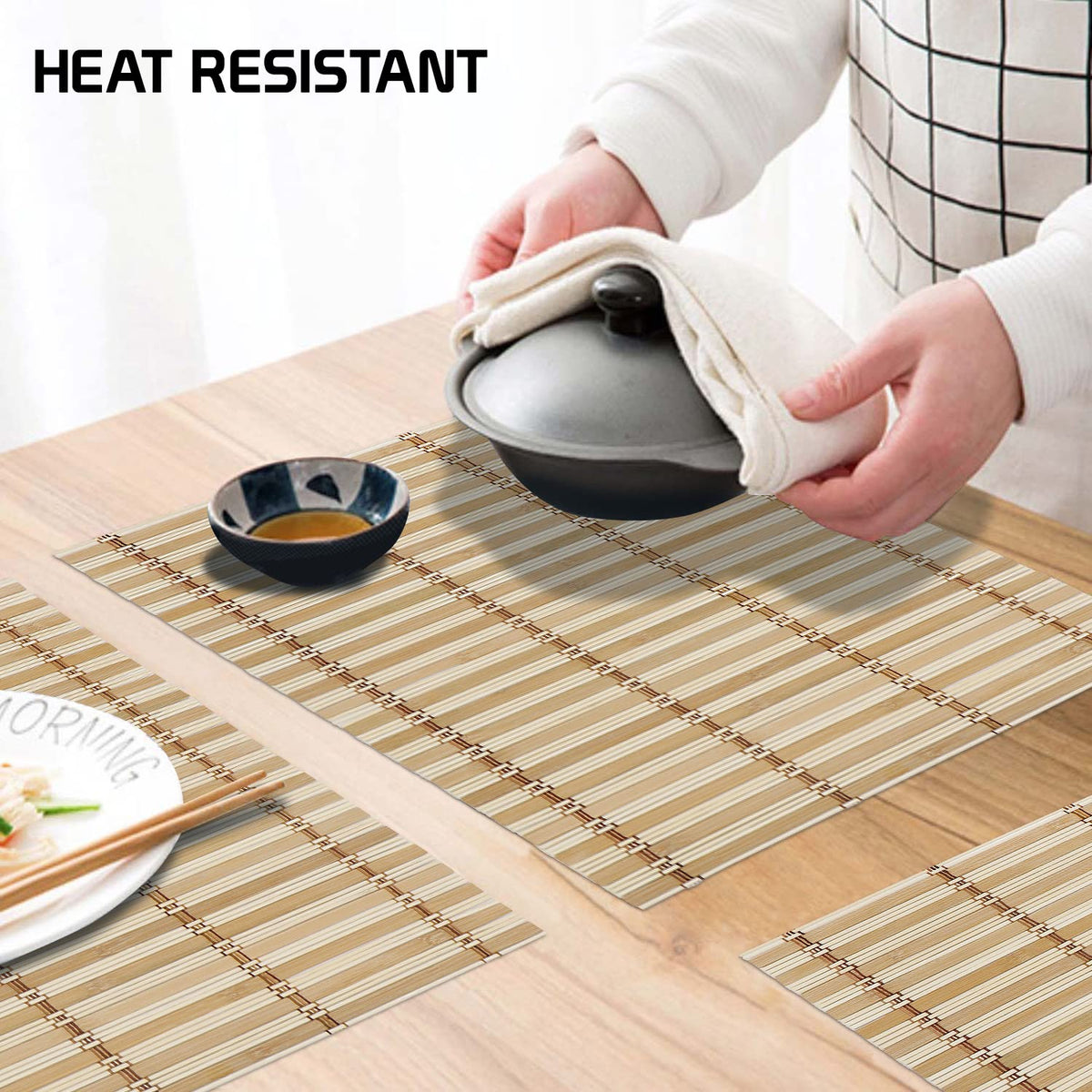 Buy Beige Stripes Colour premium heat resistant bamboo dining table mat | Hokipo