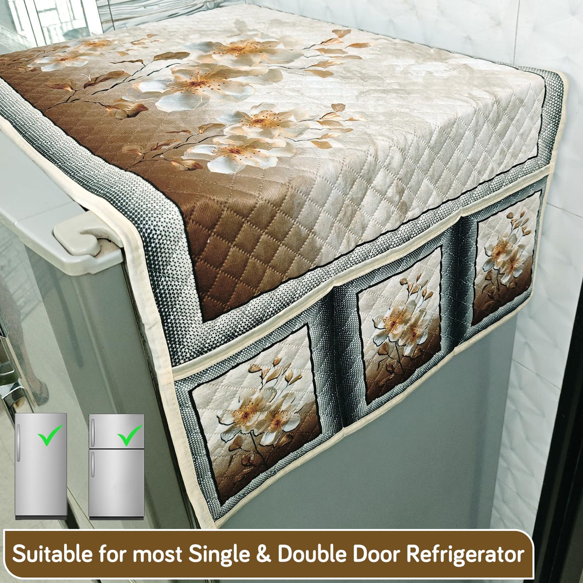 Eternal Floral Printed Quilted Fridge Top Cover with side Pockets - Ivory Luxe