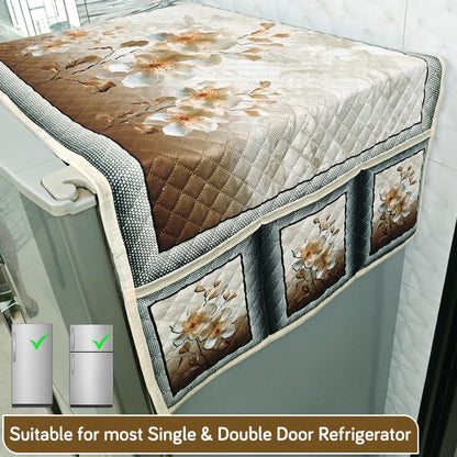 Eternal Floral Printed Quilted Fridge Top Cover with side Pockets - Ivory Luxe