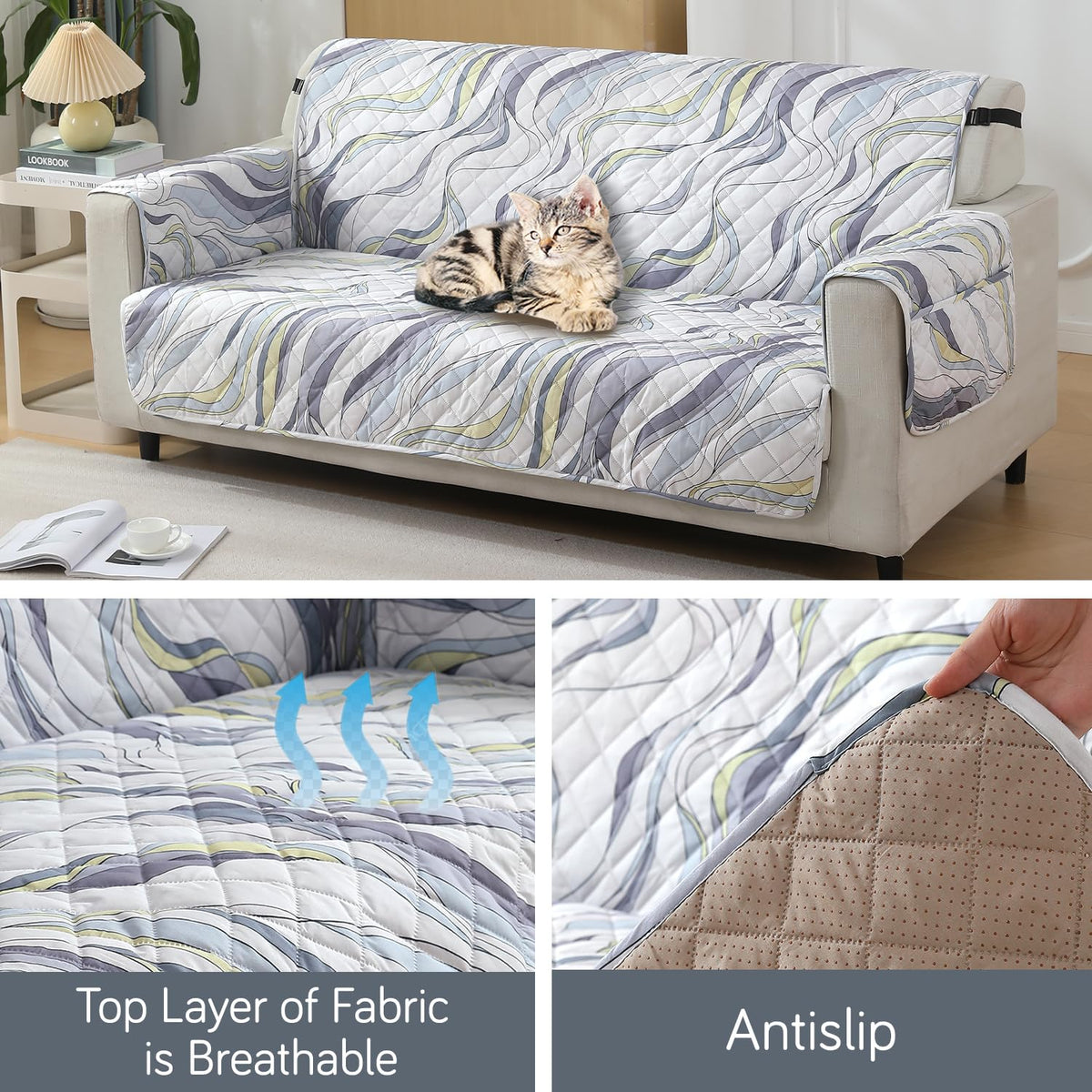 2 seater quilted waterproof sofa cover - Curved Lines Pearl White print  | Hokipo